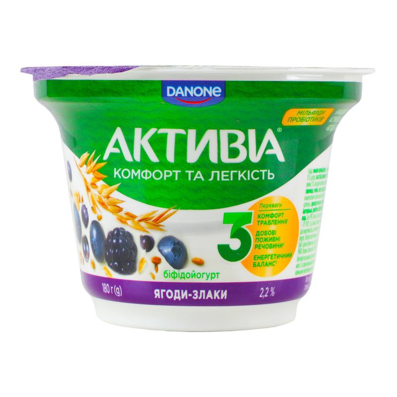 Біфідойогурт Активіа ягоди-злаки 2.2% стак 180г